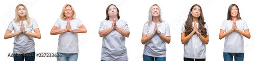 Collage of group of women wearing white t-shirt over isolated background begging and praying with hands together with hope expression on face very emotional and worried. Asking for forgiveness