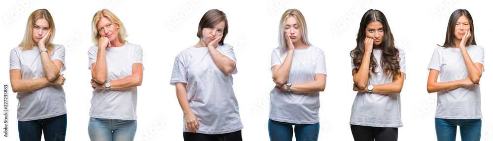 Collage of group of women wearing white t-shirt over isolated background thinking looking tired and bored with depression problems with crossed arms. Collage of group of women wearing white t-shirt over isolated background thinking looking tired and bored with depression problems with crossed arms.