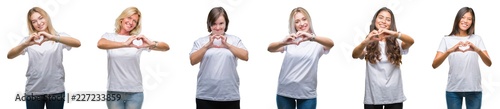 Collage of group of women wearing white t-shirt over isolated background smiling in love showing heart symbol and shape with hands. Romantic concept.