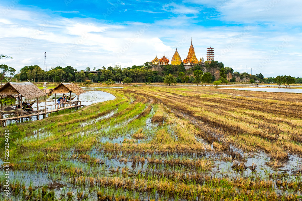 KANCHANABURI THAILAND – August 12, 2018: The Tiger Cave Temple in Tha Muang and Rice field with wooden bridge