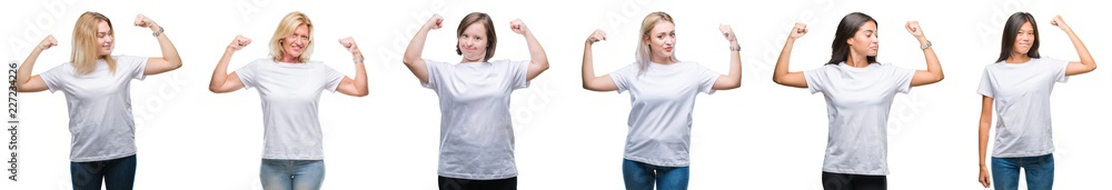 Collage of group of women wearing white t-shirt over isolated background showing arms muscles smiling proud. Fitness concept. Collage of group of women wearing white t-shirt over isolated background showing arms muscles smiling proud. Fitness concept.