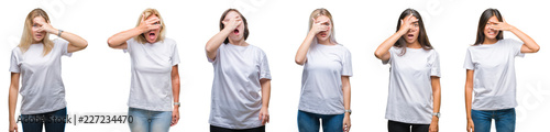 Collage of group of women wearing white t-shirt over isolated background peeking in shock covering face and eyes with hand, looking through fingers with embarrassed expression.