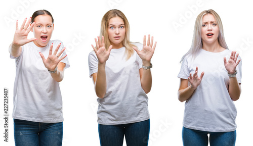 Collage of group of young women wearing white t-shirt over isolated background afraid and terrified with fear expression stop gesture with hands, shouting in shock. Panic concept.