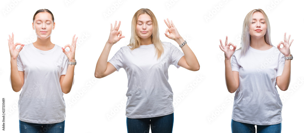 Collage of group of young women wearing white t-shirt over isolated background relax and smiling with eyes closed doing meditation gesture with fingers. Yoga concept.
