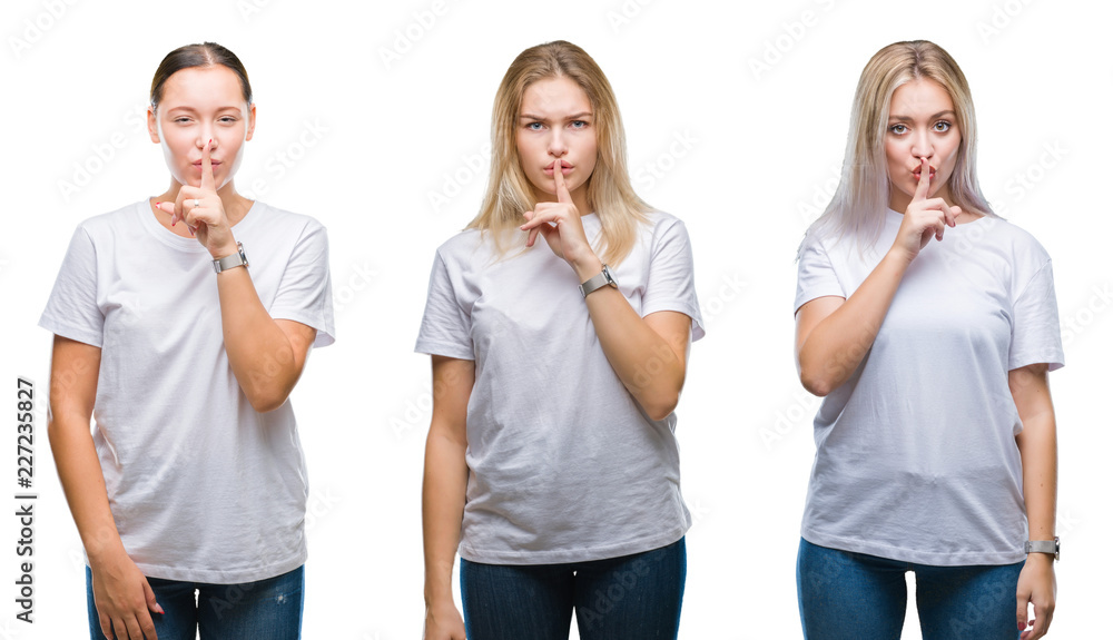 Collage of group of young women wearing white t-shirt over isolated background asking to be quiet with finger on lips. Silence and secret concept. Collage of group of young women wearing white t-shirt over isolated background asking to be quiet with finger on lips. Silence and secret concept.