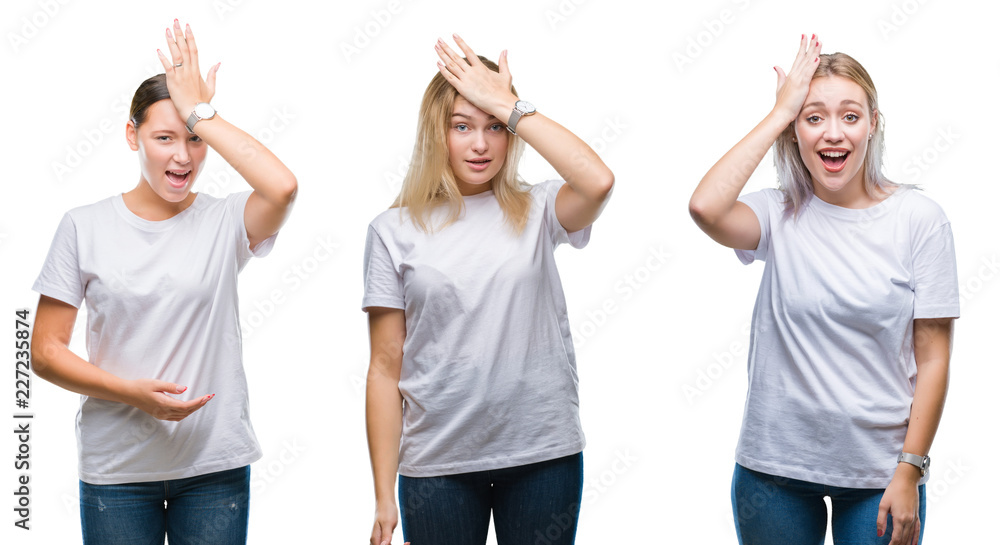 Obraz premium Collage of group of young women wearing white t-shirt over isolated background surprised with hand on head for mistake, remember error. Forgot, bad memory concept.