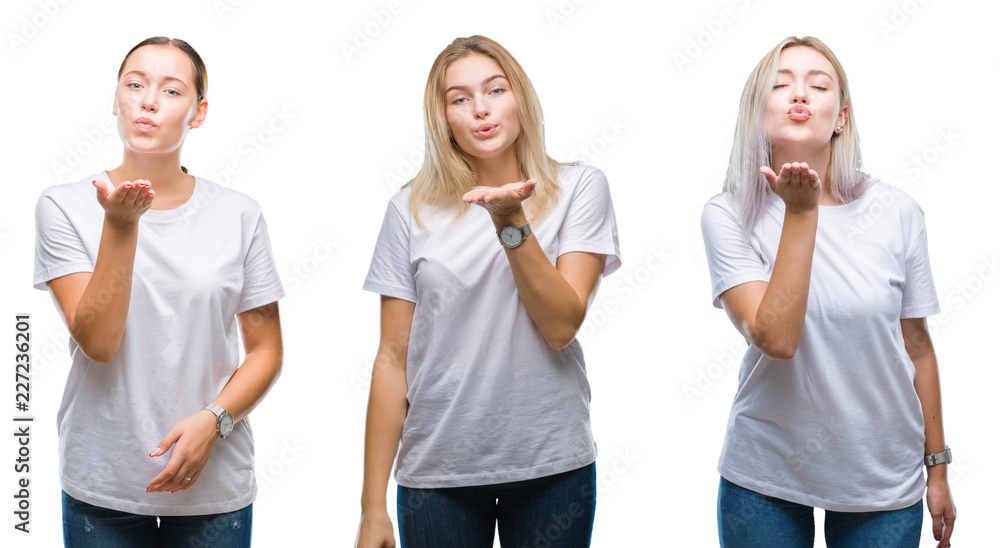 Naklejka premium Collage of group of young women wearing white t-shirt over isolated background looking at the camera blowing a kiss with hand on air being lovely and sexy. Love expression.