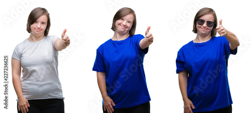 Collage of down sydrome woman over isolated background doing happy thumbs up gesture with hand. Approving expression looking at the camera with showing success.