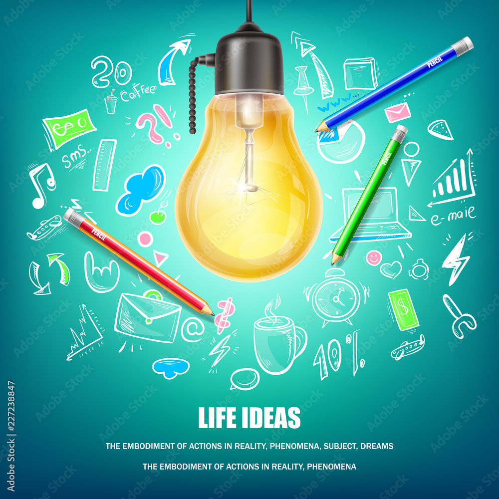 Vecteur Stock Creative ideas vector concept illustration. Poster with  yellow light bulb, coloured pencils, hand drawn doodle icons on blue  background. Shining lamp, symbol of creativity, business solutions | Adobe  Stock