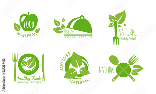 Healthy natural product logos set, eco, organic, vegan, raw, healthy food green labels vector Illustration on a white background