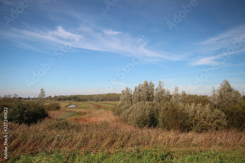 Blue sky with cirrus clouds above the meadows at the dyke along river Hollandsche IJssel in Nieuwerkerk aan den IJssel in the Netherlands.