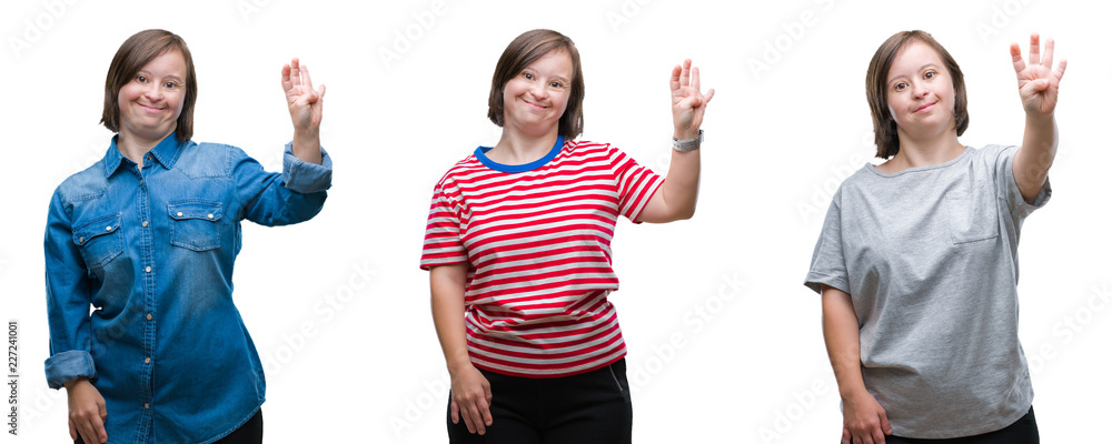 Collage of down sydrome woman over isolated background showing and pointing up with fingers number four while smiling confident and happy. Collage of down sydrome woman over isolated background showing and pointing up with fingers number four while smiling confident and happy.