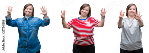 Collage of down sydrome woman over isolated background showing and pointing up with fingers number eight while smiling confident and happy. photo