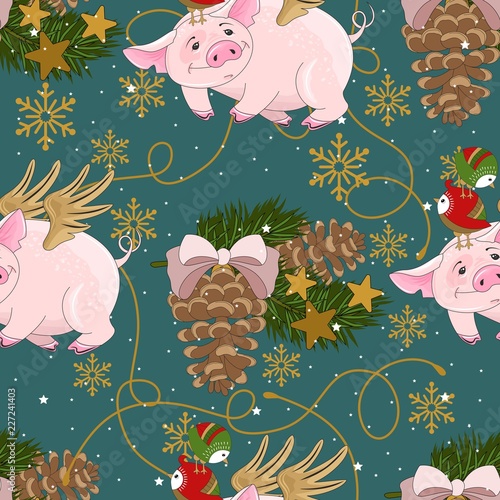 Seamless pattern with Christmas pig on winter background. For printing on fabric, postcards, paper. Vector illustration.