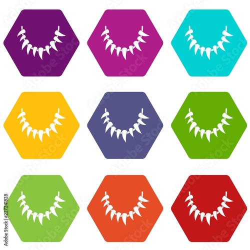 Tooth necklace icons 9 set coloful isolated on white for web