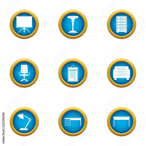Work desk icons set. Flat set of 9 work desk vector icons for web isolated on white background