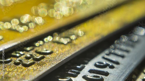 Gold credit cards close up. Macro shot smart card, credit card chip