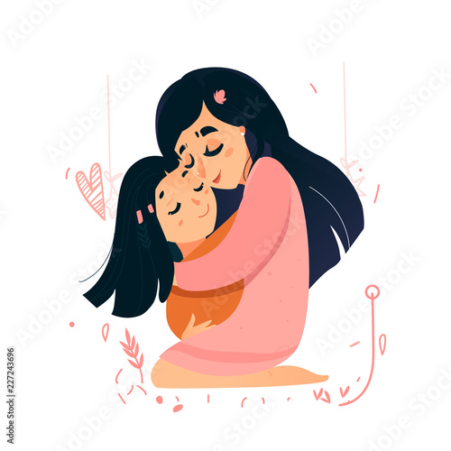 Mother s day vector card. Mom love. Sweet pink warm card for mother s day. Monther hold daughter. motherhood