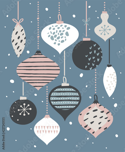 Christmas poster and card template with Retro Christmas balls in pastel colors. merry christmas illustration