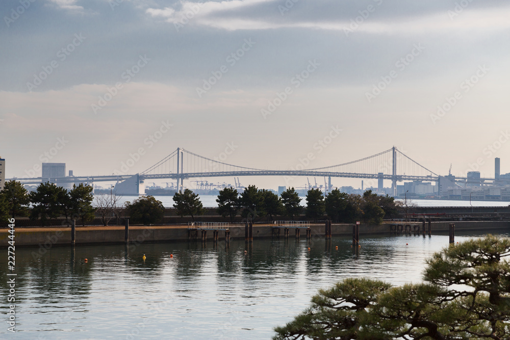 architecture concept - view of rainbow bridge from hamarikyu gardens park in tokyo, japan