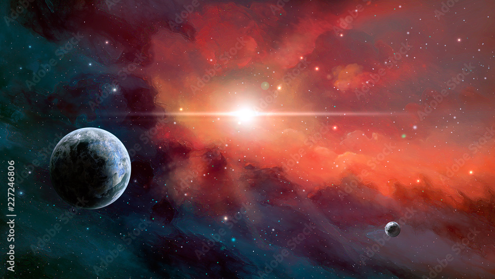 Space scene. Colorful nebula with two planet. Elements furnished by NASA. 3D rendering