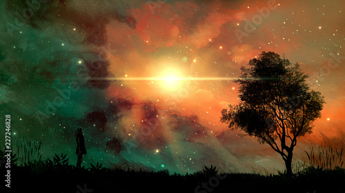 Space scene. Colorful nebula with girl, land and tree silhouette. Elements furnished by NASA. 3D rendering