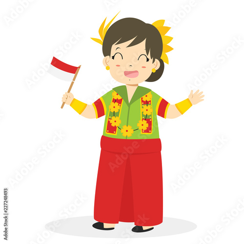 Happy Indonesian girl wearing West Sulawesi traditional dress and holding an Indonesian flag cartoon vector
