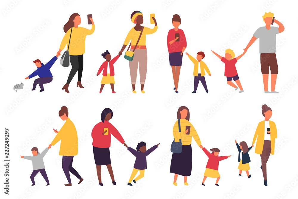 Busy parents with mobile smartphones. Children want attention from adults. Vector illustration