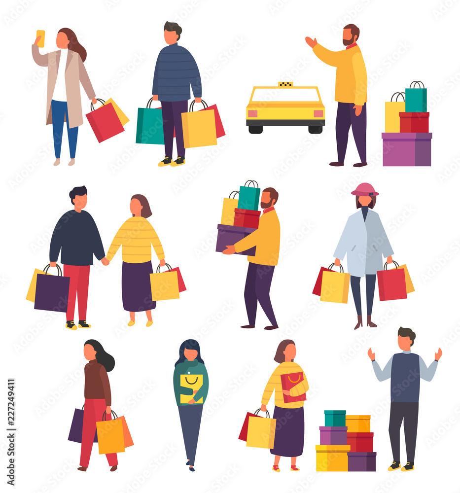 Shopping people with bags. Vector sale illustration