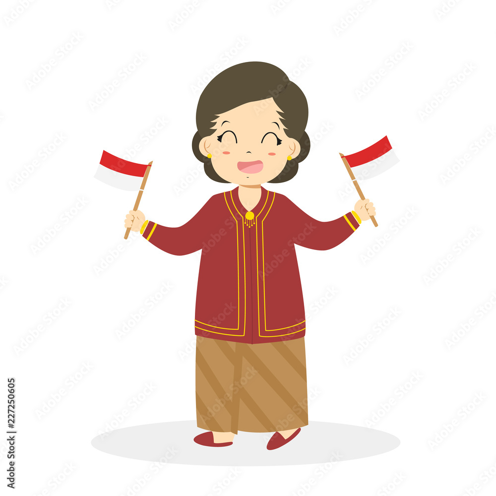 Fototapeta premium Happy Indonesian girl wearing West Javanese traditional dress and holding an Indonesian flags in both hands cartoon vector