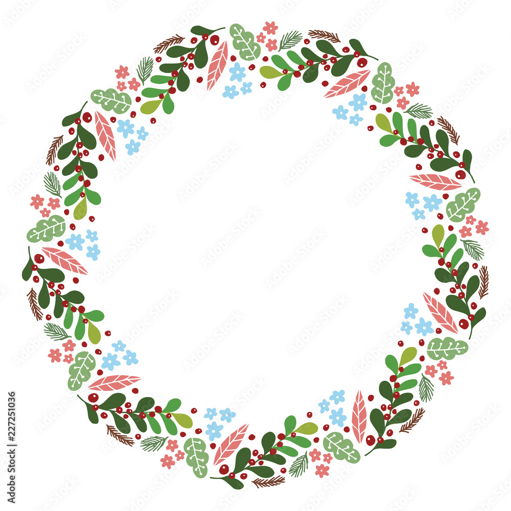 Christmas Hand Drawn Wreath with Round Frame for Cards Design Vector Layout with Copyspace Can be use for Decorative Kit, Invitations, Greeting Cards, Blogs, Posters, Merry X’mas and Happy New Year.