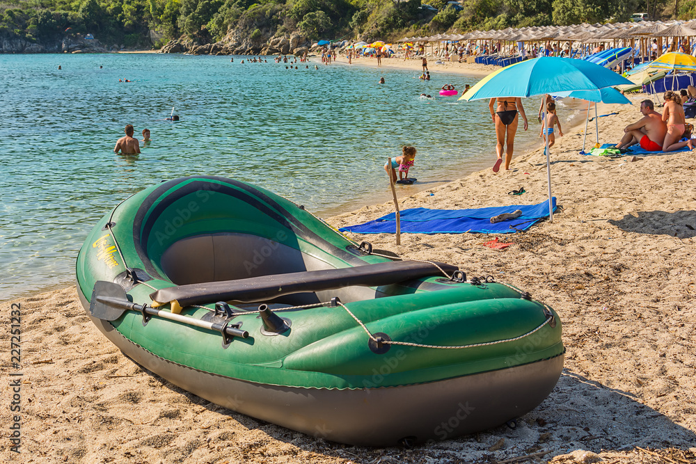Fototapeta premium Olympiada, Greece - August 18, 2018: Proti Ammoudia beach, one of the most beautiful beaches in the Aegean Sea.