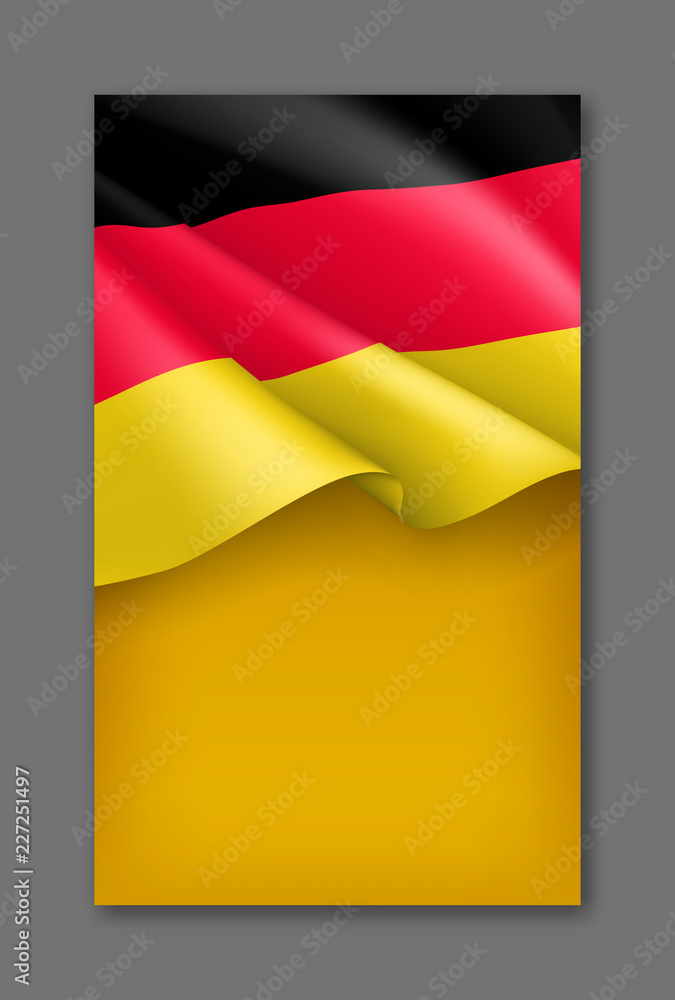 Germany patriotic festive background with 3d tricolor flag. Realistic waving germany flag on yellow background. Germany national day vector card with empty space. Independence and freedom layout