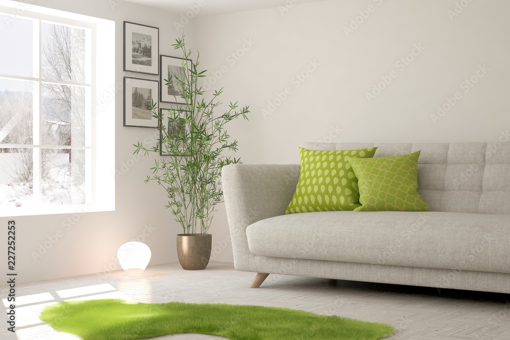 White room with sofa and winter landscape in window. Scandinavian interior design. 3D illustration White room with sofa and winter landscape in window. Scandinavian interior design. 3D illustration