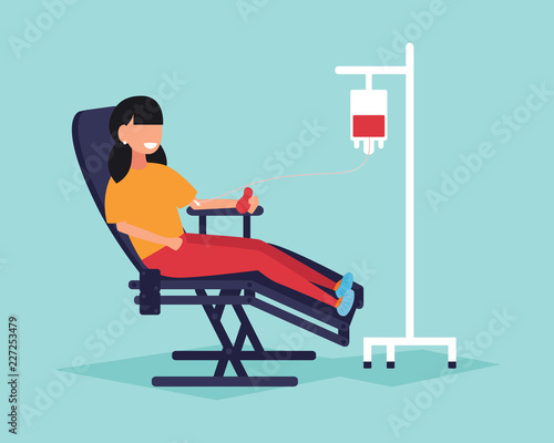 A girl gives blood sitting in a medical chair, giving blood. Donated blood. Vector illustration
