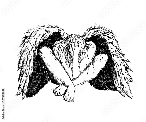 Fallen angel with black wings sitting on the floor. Mystic dark fantasy. Ink hand drawn vector illustration