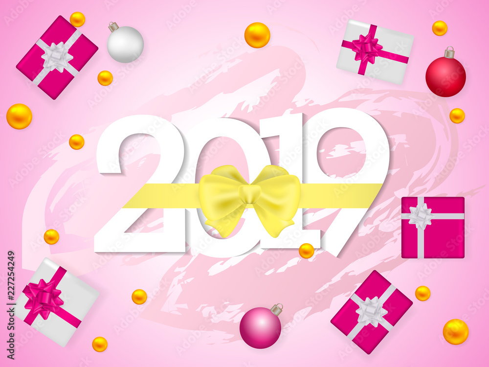 Yellow bow knotted on a 2019 date. Vector illustration Yellow bow knotted on a 2019 date. Vector illustration