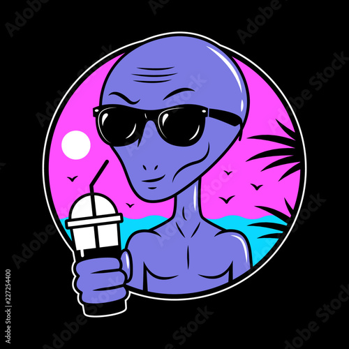 ALIEN CARTOON WITH COCKTAIL SUMMER CHILL OUT BLACK BACKGROUND