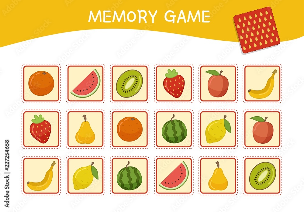 Memory Game for Preschool Children, Vector Cards with Cartoon
