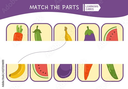 Matching children educational game. Match parts of cartoon vegetables. Activity for pre shool years kids and toddlers.
