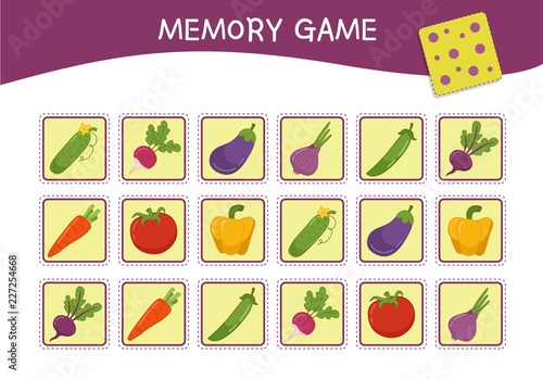 Memory game for preschool children, vector cards with  cartoon vegetables. Find two identical picture. Kids activity page for book. 