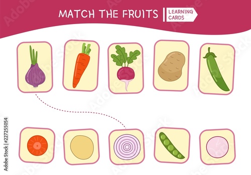 Matching children educational game. Match parts of cartoon vegetables. Activity for pre shool years kids and toddlers.