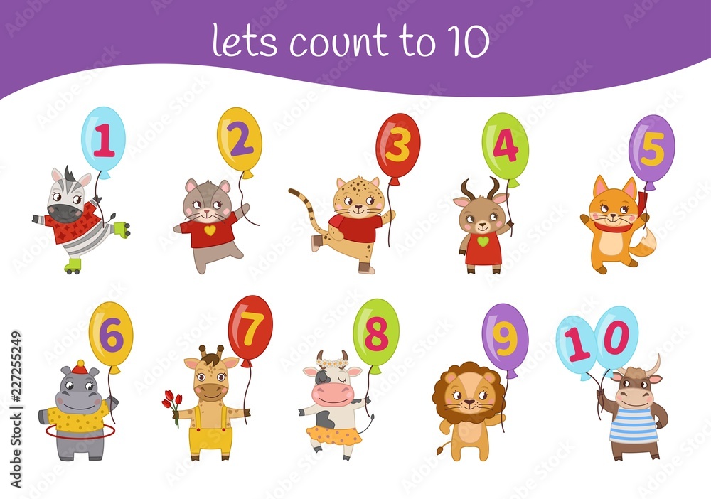 Kids learning material. Card for learning numbers. Number 1-10. Cartoon  cute animals. Stock Vector | Adobe Stock