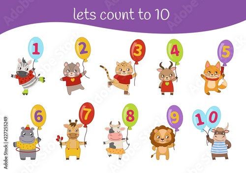 Kids learning material. Card for learning numbers. Number 1-10. Cartoon cute animals.