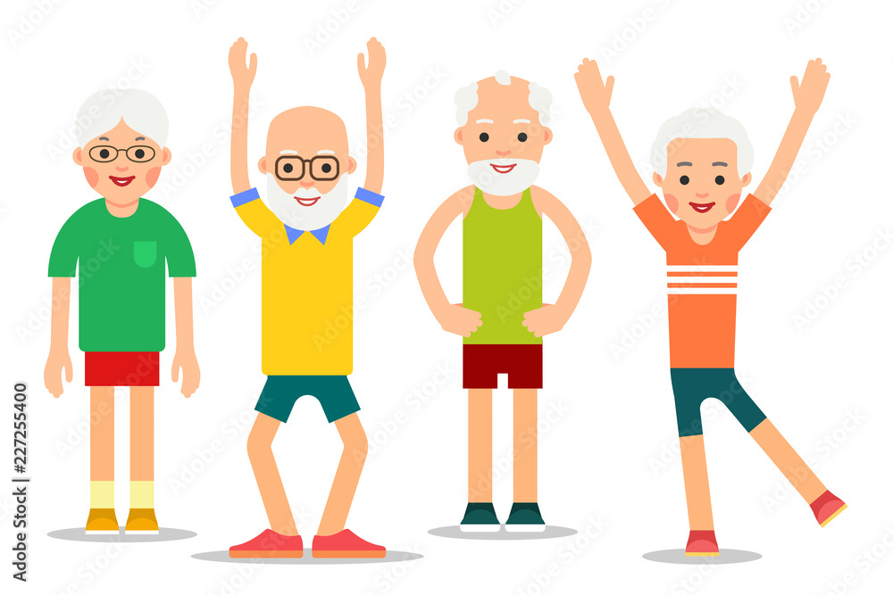 Group of older people perform gymnastic exercises. Elderly men and women in different poses. Couples of retirees in sports activity. Illustration of people characters isolated in flat style Group of older people perform gymnastic exercises. Elderly men and women in different poses. Couples of retirees in sports activity. Illustration of people characters isolated in flat style