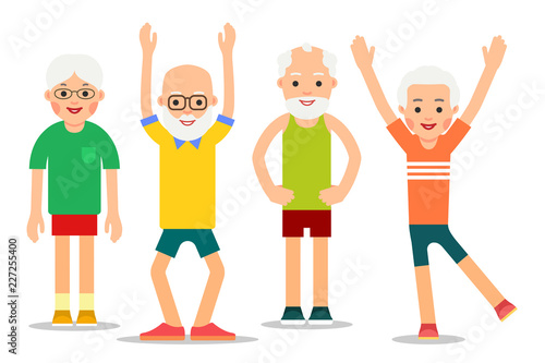 Group of older people perform gymnastic exercises. Elderly men and women in different poses. Couples of retirees in sports activity. Illustration of people characters isolated in flat style