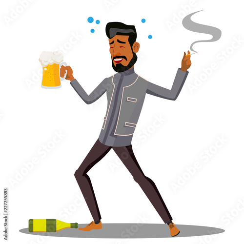 Adult Drunk Man With Glass Of Beer And Cigar Vector. Isolated Illustration