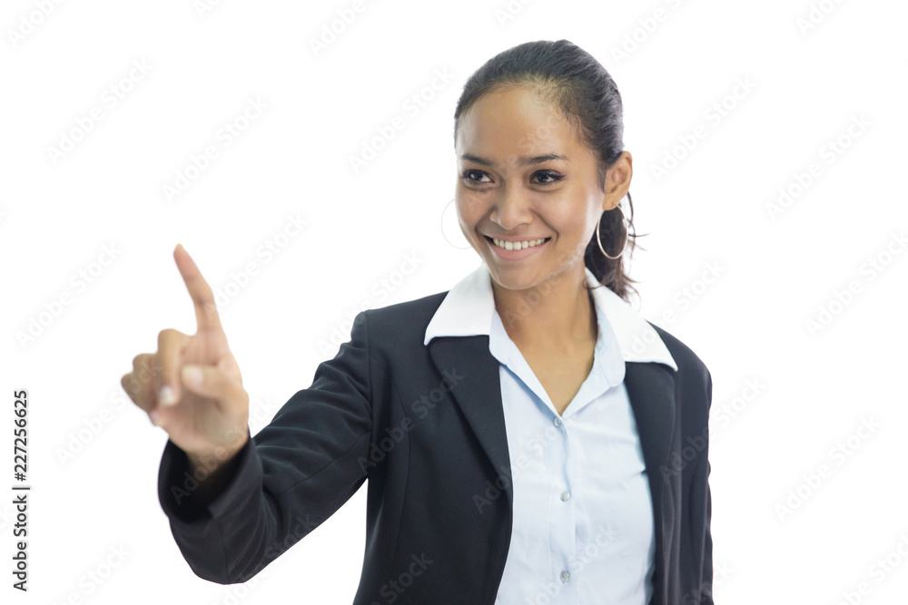 asian business woman smiling while pretending like touching scre asian business woman smiling while pretending like touching scre