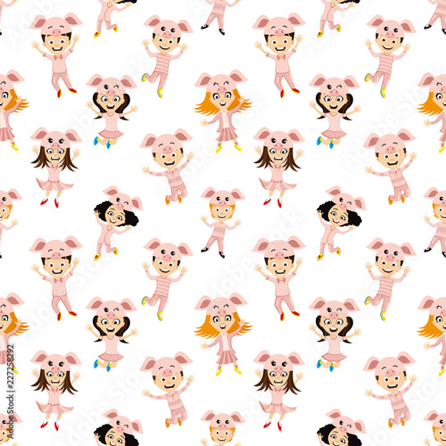 Fototapeta Naklejka Na Ścianę i Meble -  Seamless pattern with cheerful kids in piglet costumes on a white background.
