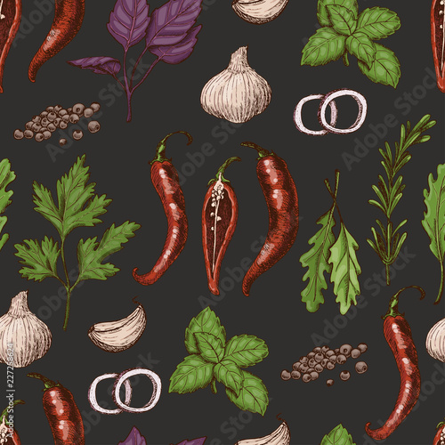 Vector seamless pattern with different color spices and herbs in sketch style